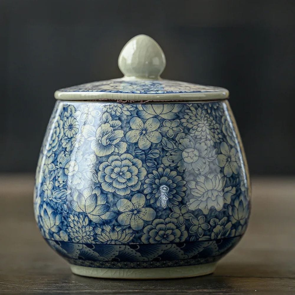 Boîte à thé en porcelaine craquelée style vintage bleu & blanc