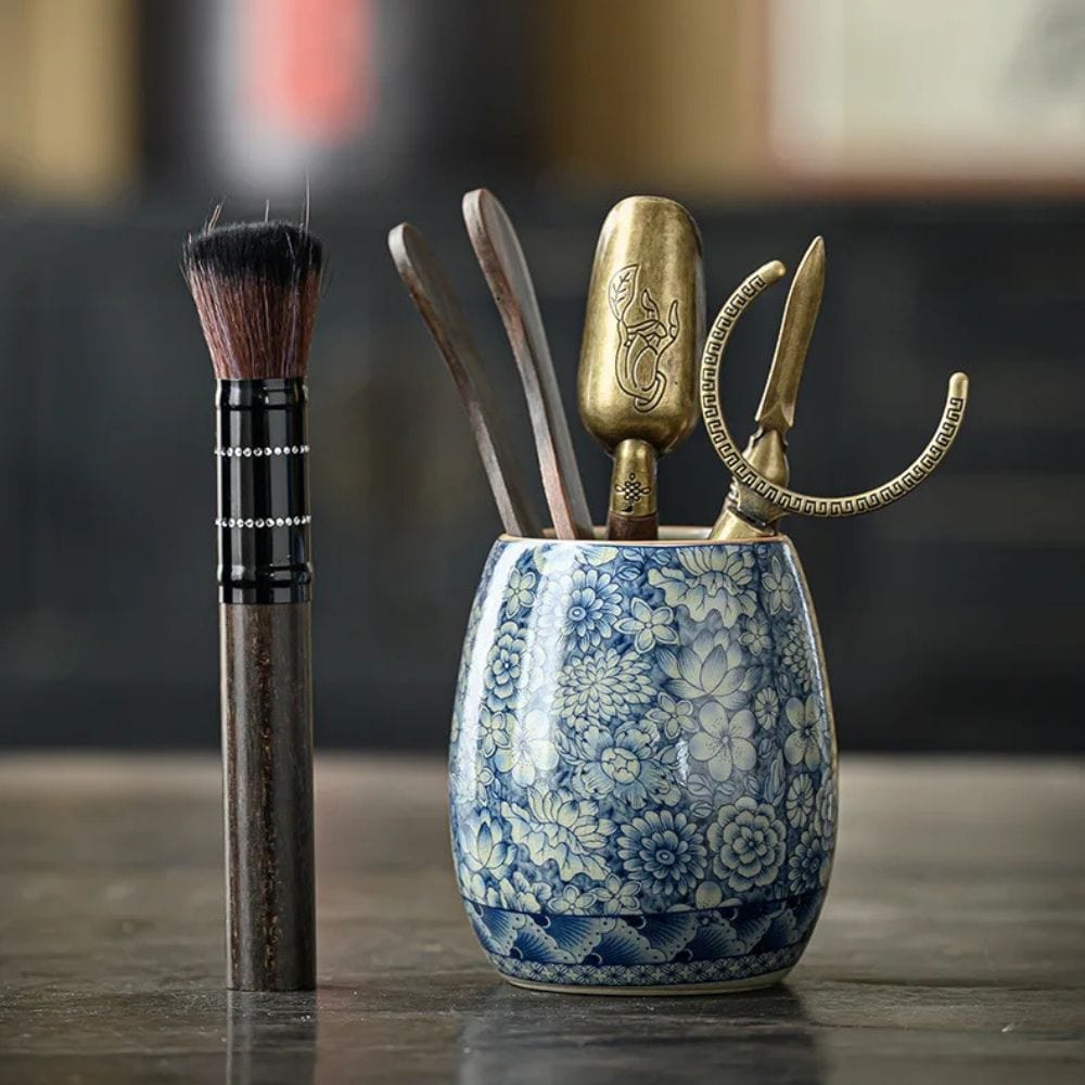 Boîte à thé en porcelaine craquelée style vintage bleu & blanc