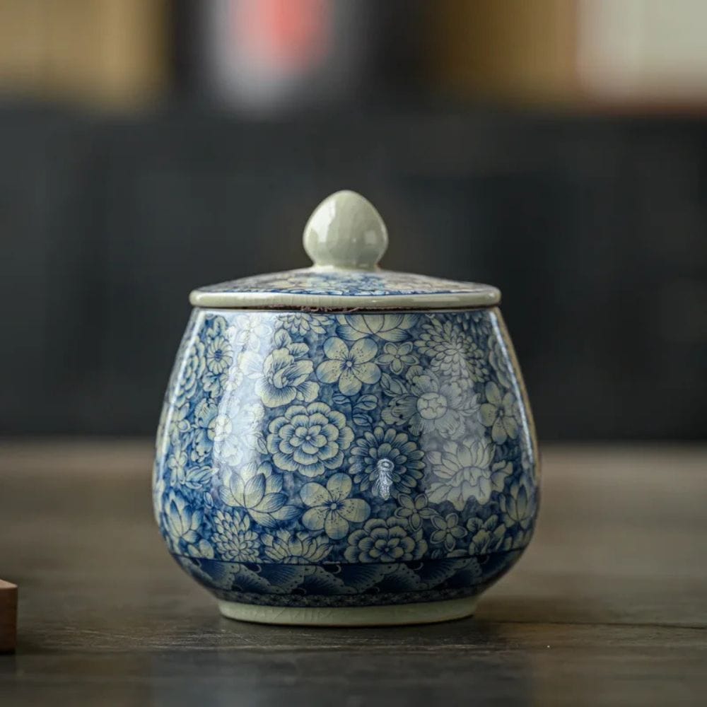 Boîte à thé en porcelaine craquelée style vintage bleu & blanc