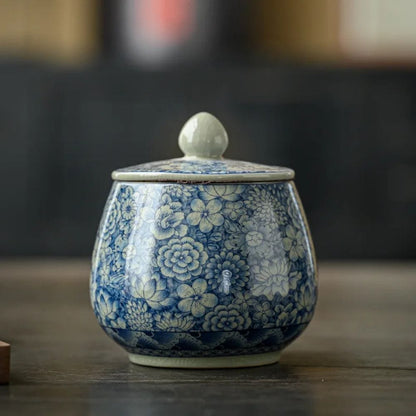 Boîte à thé en porcelaine craquelée style vintage bleu & blanc