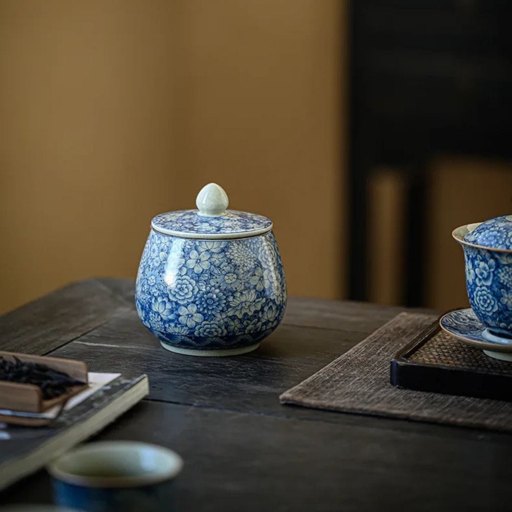 Boîte à thé en porcelaine craquelée style vintage bleu & blanc