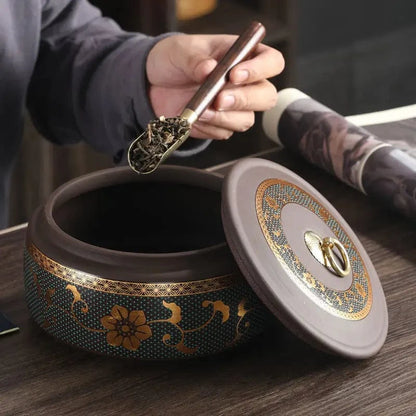 Boîte à thé hermétique en céramique motif fleuri doré style moderne