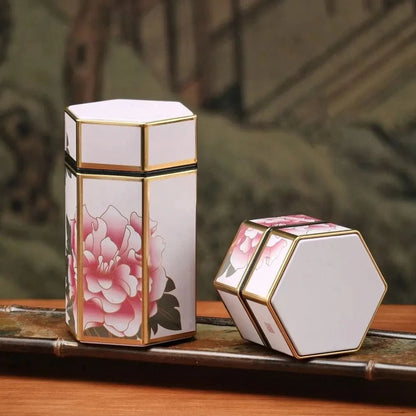 Boîte à thé hexagonale en métal format compact ou haut