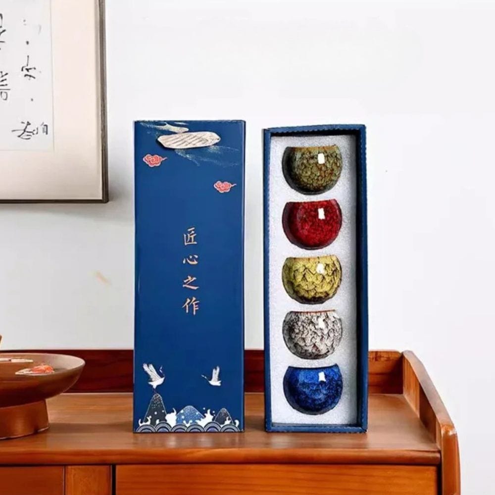 Coffret 5 tasses à thé artisanales en céramique (150 ml)