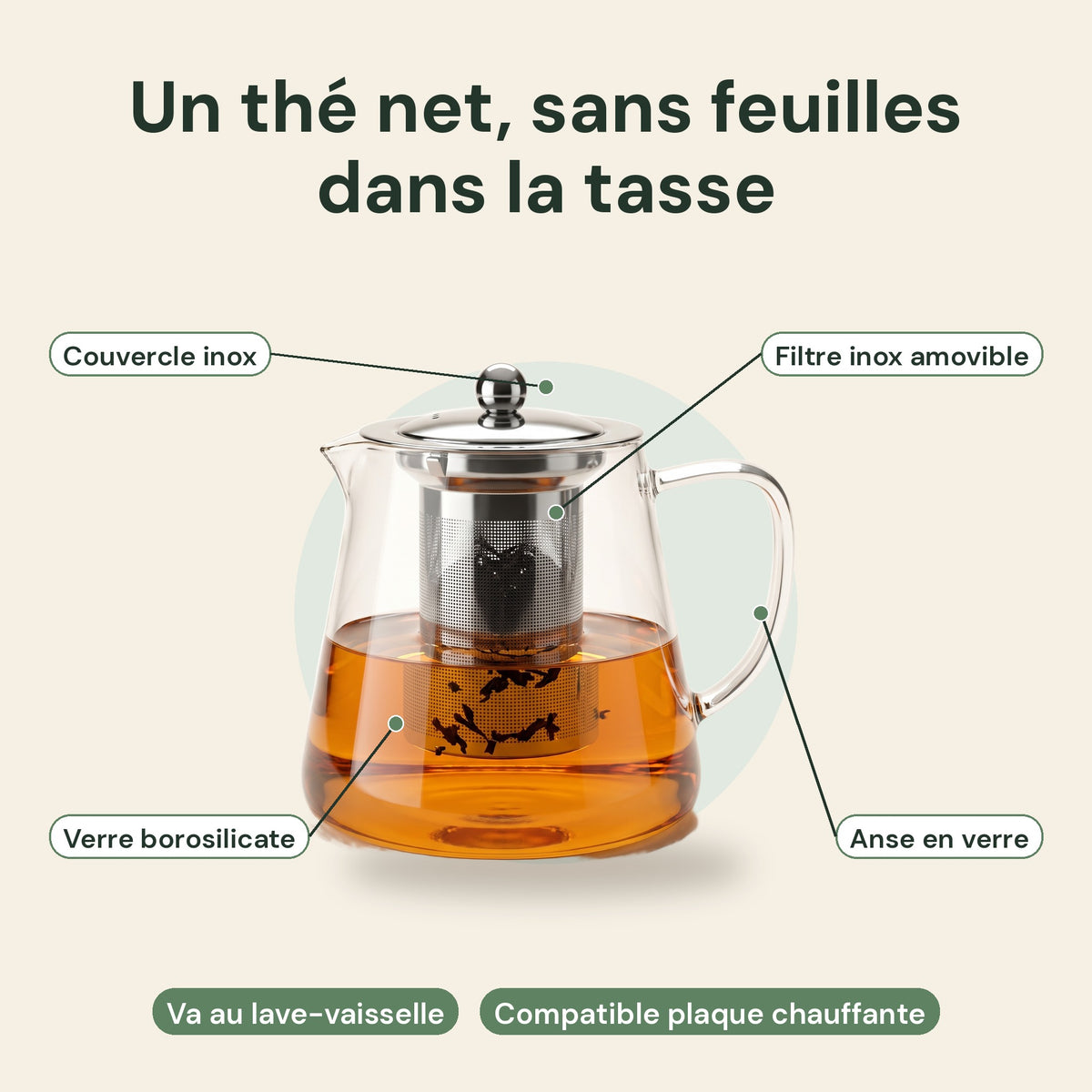 Théière en verre borosilicate avec filtre inox intégré