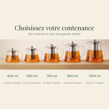 Théière en verre borosilicate avec filtre inox intégré