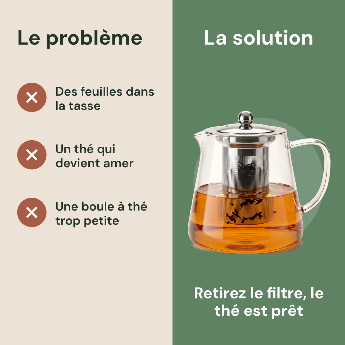 Théière en verre borosilicate avec filtre inox intégré