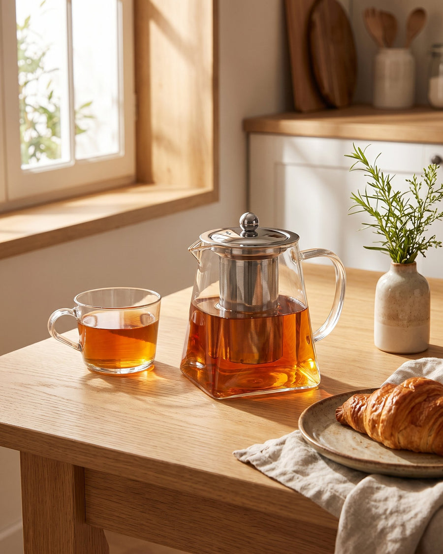 La théière en verre au soleil du matin, avec une tasse et un croissant