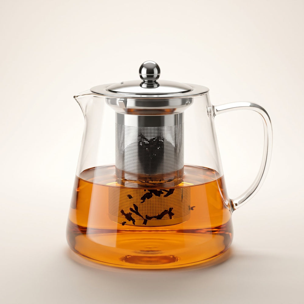 La théière en verre borosilicate avec son filtre et son couvercle en inox