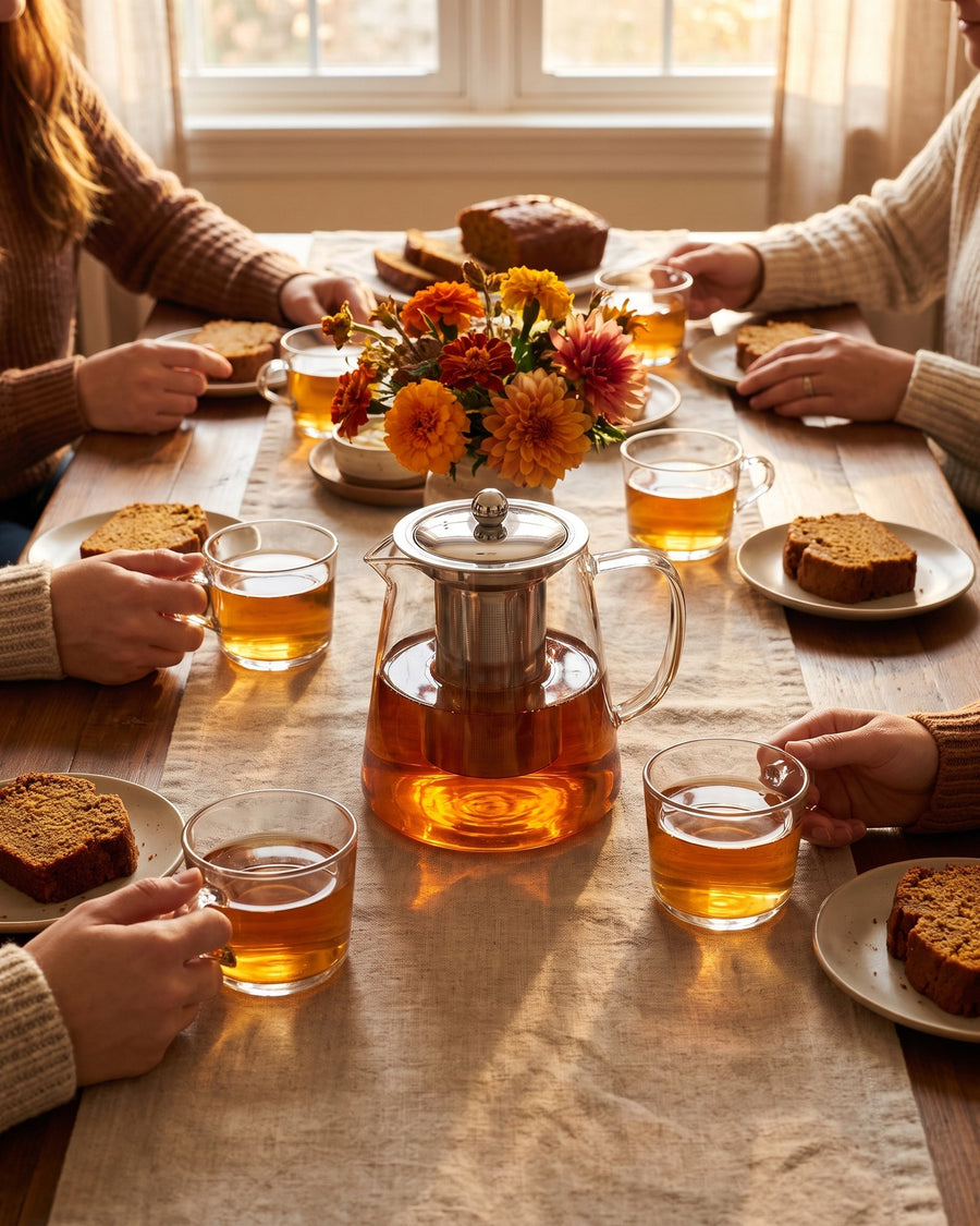 Une grande théière en verre au centre d’une table entourée d’amis
