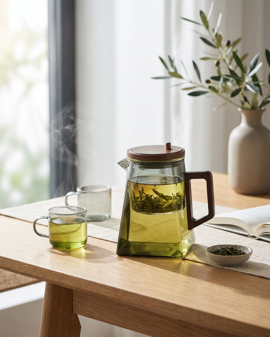 La théière sur une table en chêne, au soleil du matin