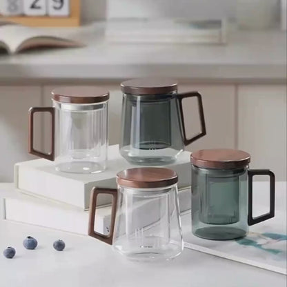 Tasse à thé en verre borosilicate anse bois filtre intégré
