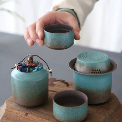 Service à thé céramique vintage 1 théière 4 tasses & boîte à thé