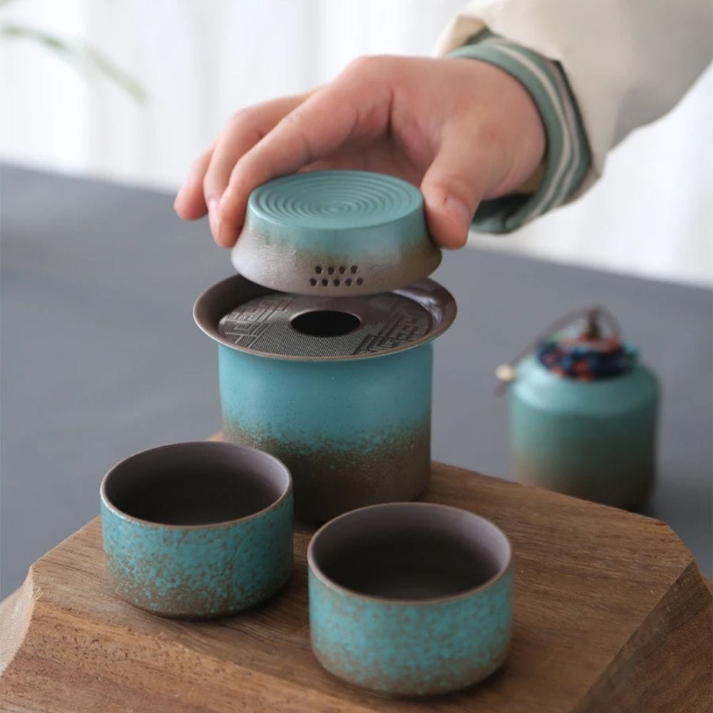 Service à thé céramique vintage 1 théière 4 tasses & boîte à thé