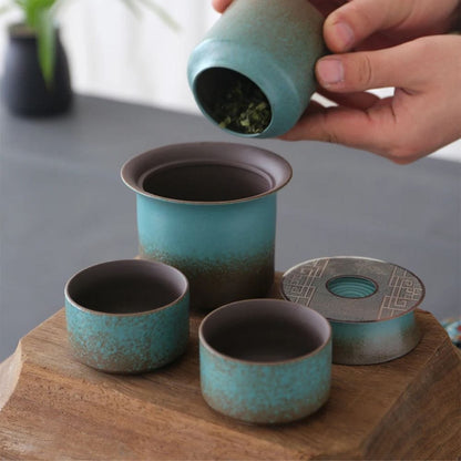 Service à thé céramique vintage 1 théière 4 tasses & boîte à thé