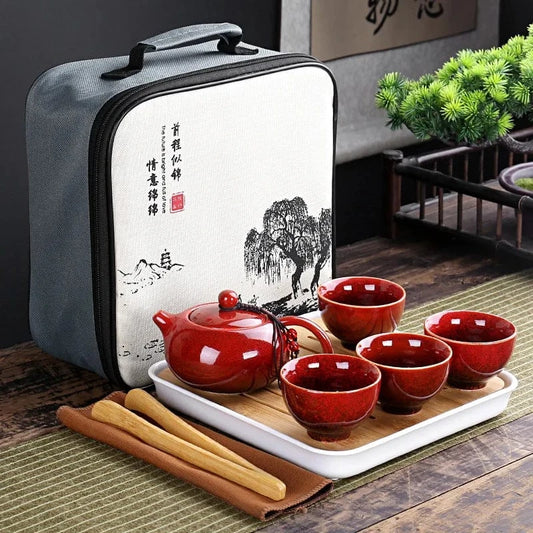 Service à thé chinois en porcelaine Set portable avec 4 tasses & sac de transport
