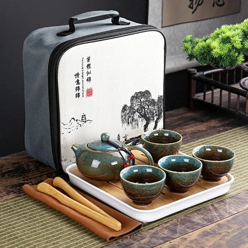 Service à thé chinois en porcelaine Set portable avec 4 tasses & sac de transport