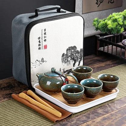 Service à thé chinois en porcelaine Set portable avec 4 tasses & sac de transport