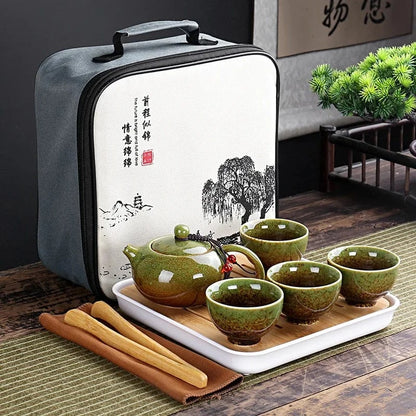 Service à thé chinois en porcelaine Set portable avec 4 tasses & sac de transport