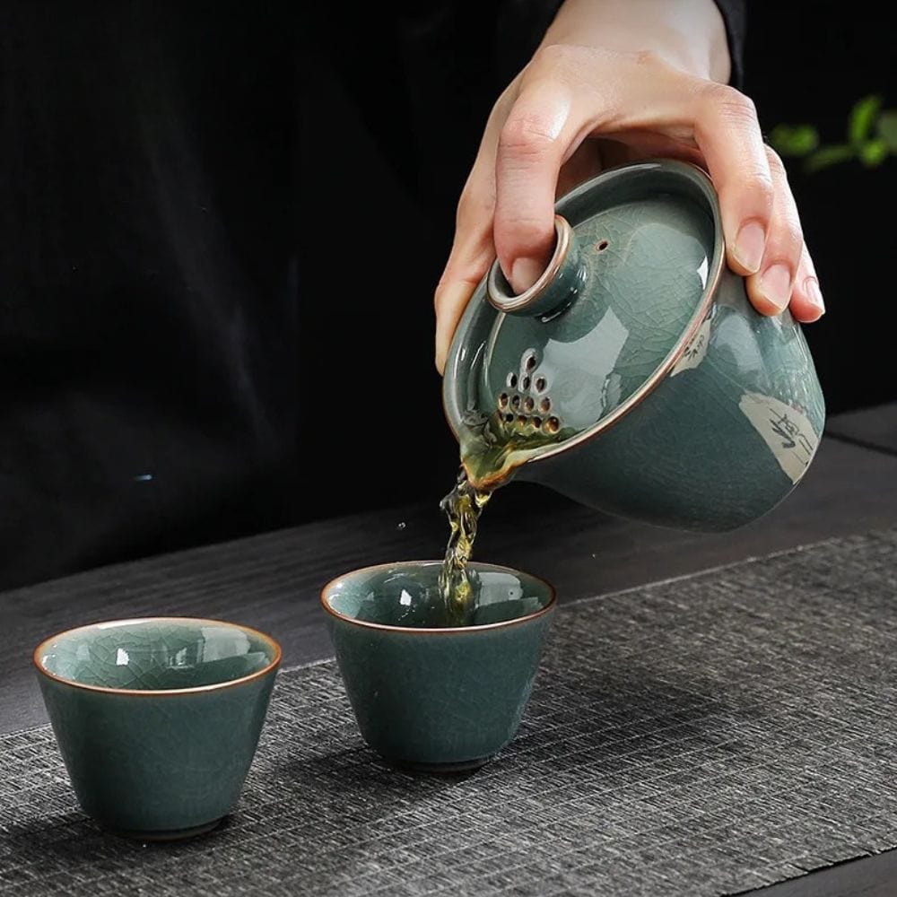 Service à thé chinois Gaiwan 3 tasses en céramique format voyage