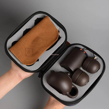 Service à thé de voyage en argile violette 1 théière + 4 tasses + sac