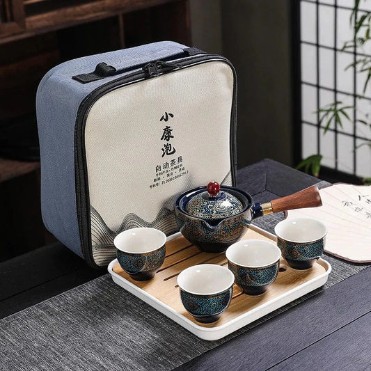Service à thé de voyage en céramique style Kung Fu compact