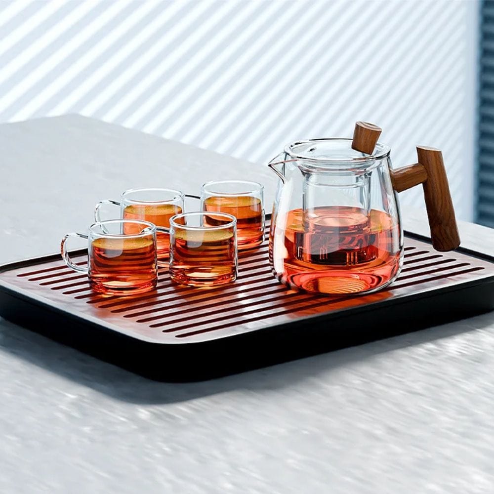 Service à thé en verre & noyer théière 530 ml avec plateau Kung Fu