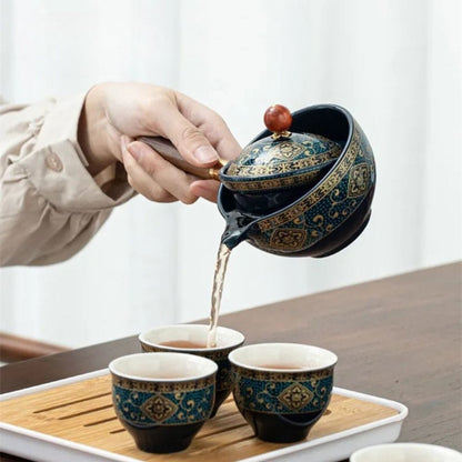 Service à thé Gongfu en porcelaine théière rotative 360° & sac de transport