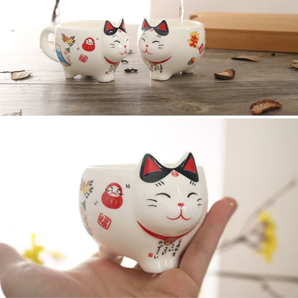 Service à thé japonais Maneki Neko Théière et 2 tasses en porcelaine