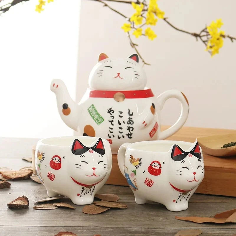 Service à thé japonais Maneki Neko Théière et 2 tasses en porcelaine