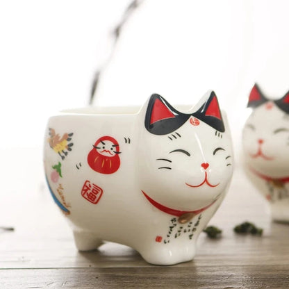 Service à thé japonais Maneki Neko Théière et 2 tasses en porcelaine