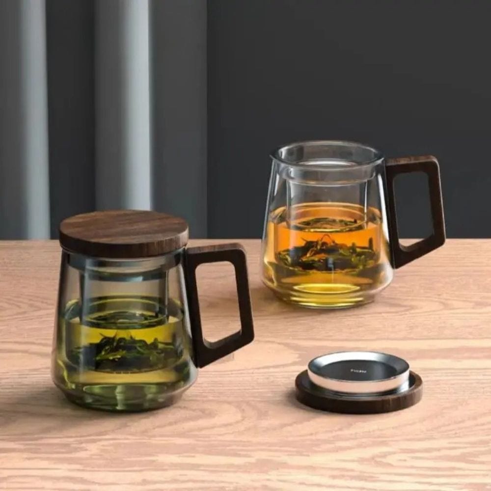 Tasse à thé 525 ml en verre borosilicate anse bois & filtre intégré