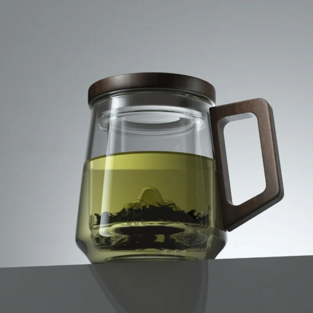 Tasse à thé 525 ml en verre borosilicate anse bois & filtre intégré