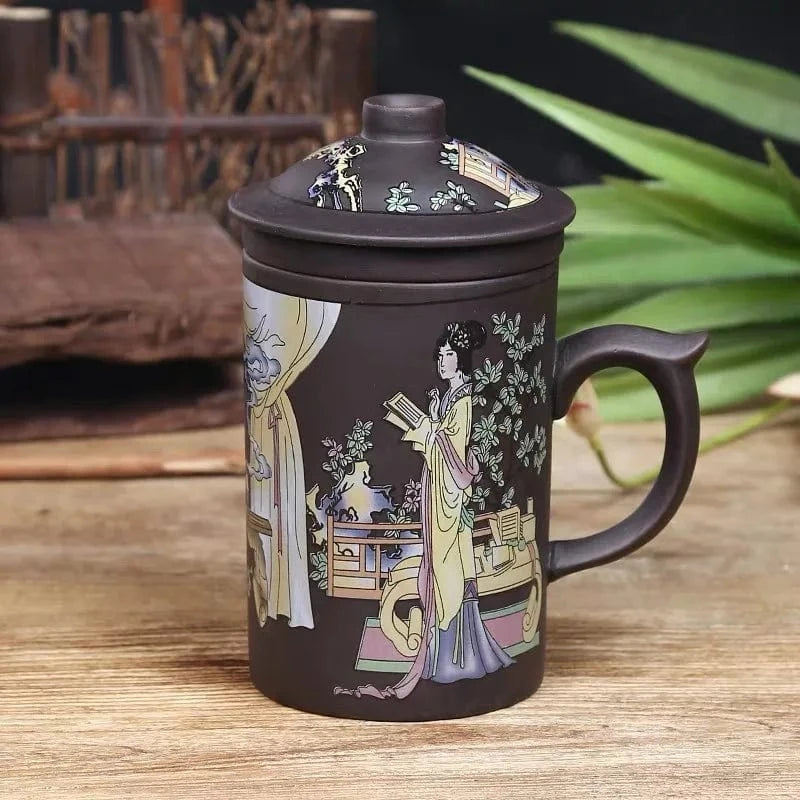 Tasse à thé artisanal en argile pourpre avec couvercle & infuseur 360 ml