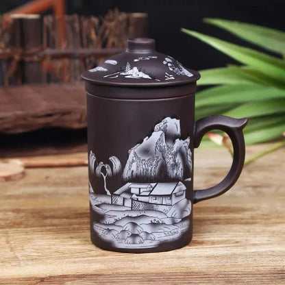 Tasse à thé artisanal en argile pourpre avec couvercle & infuseur 360 ml