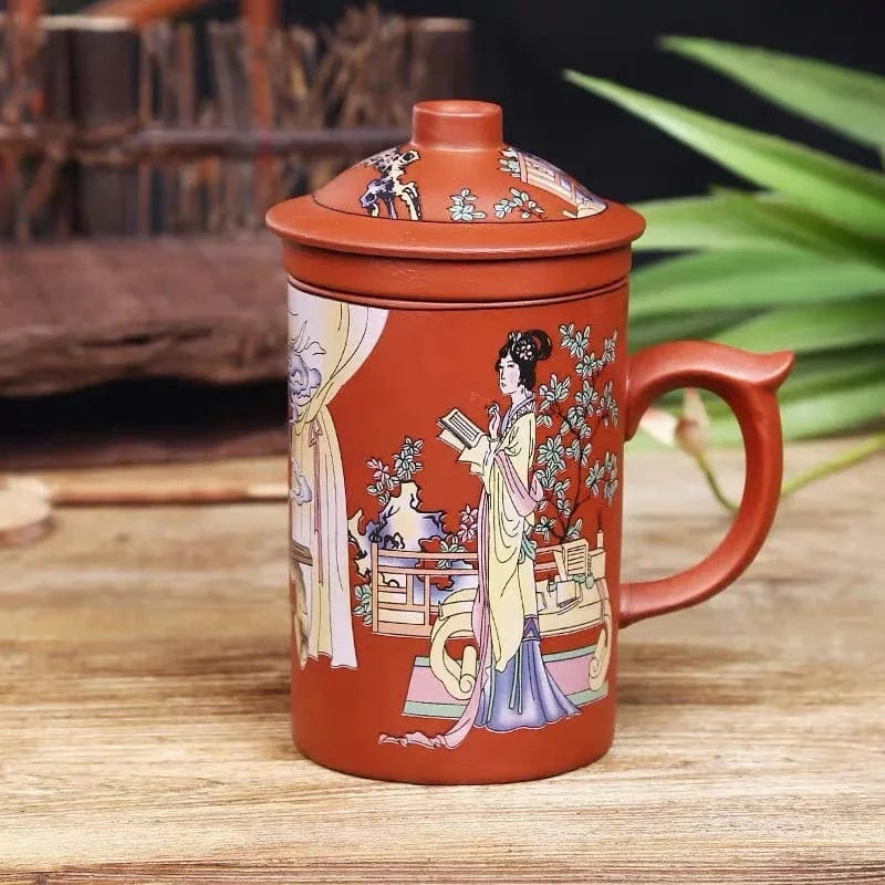Tasse à thé artisanal en argile pourpre avec couvercle & infuseur 360 ml