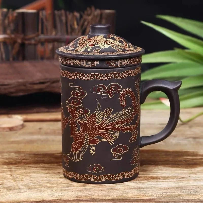 Tasse à thé artisanal en argile pourpre avec couvercle & infuseur 360 ml