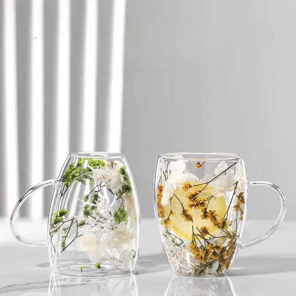 Tasse à thé double paroi en verre avec poignée & fleur séchée 350 ml