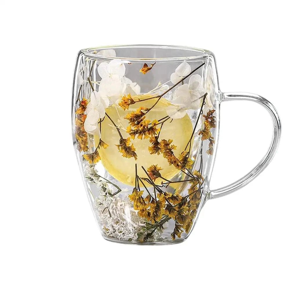 Tasse à thé double paroi en verre avec poignée & fleur séchée 350 ml