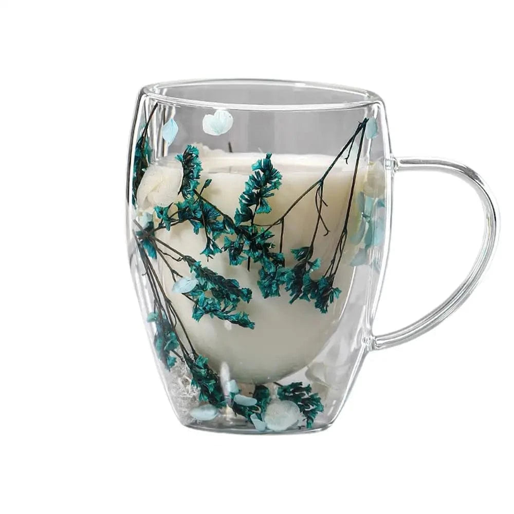 Tasse à thé double paroi en verre avec poignée & fleur séchée 350 ml