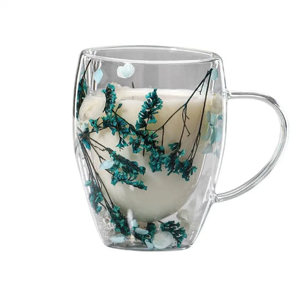 Tasse à thé double paroi en verre avec poignée & fleur séchée 350 ml