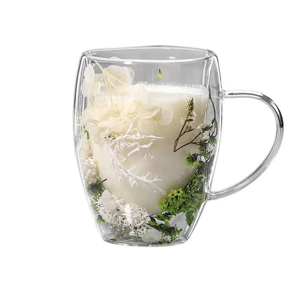 Tasse à thé double paroi en verre avec poignée & fleur séchée 350 ml