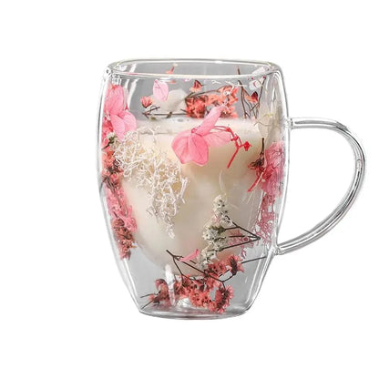 Tasse à thé double paroi en verre avec poignée & fleur séchée 350 ml