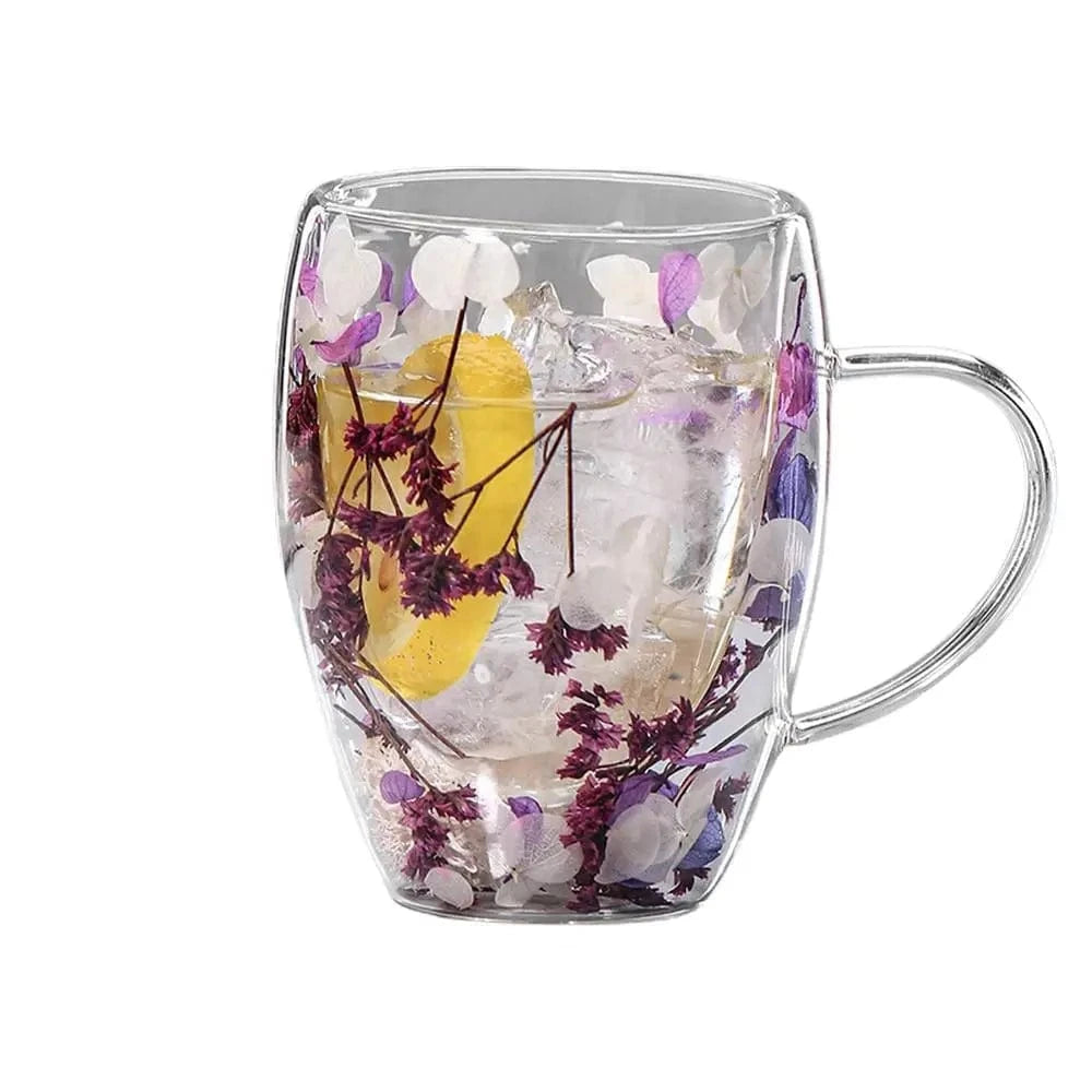 Tasse à thé double paroi en verre avec poignée & fleur séchée 350 ml