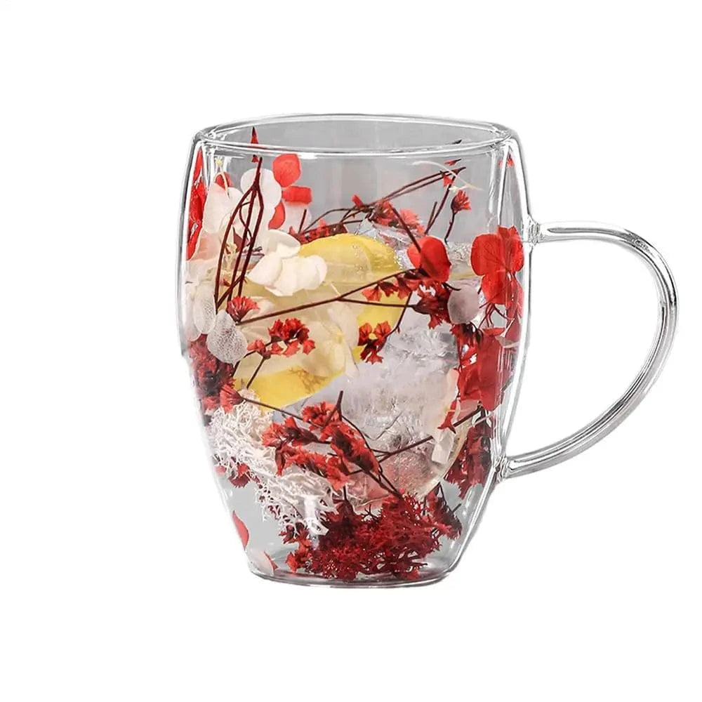 Tasse à thé double paroi en verre avec poignée & fleur séchée 350 ml