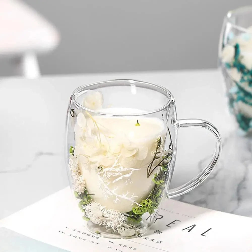 Tasse à thé double paroi en verre avec poignée & fleur séchée 350 ml