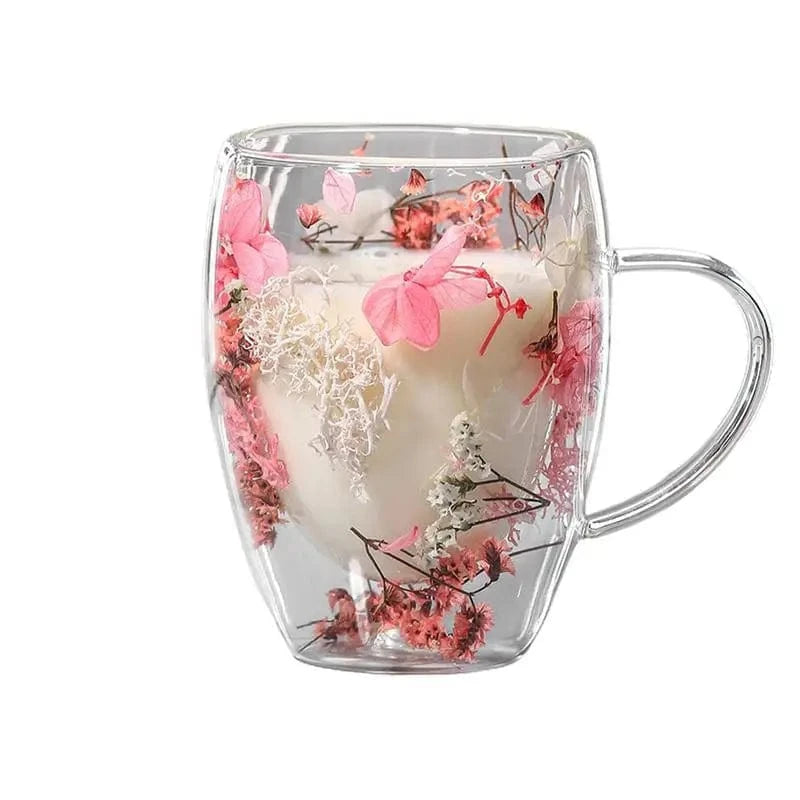 Tasse à thé double paroi en verre avec poignée & fleur séchée 350 ml