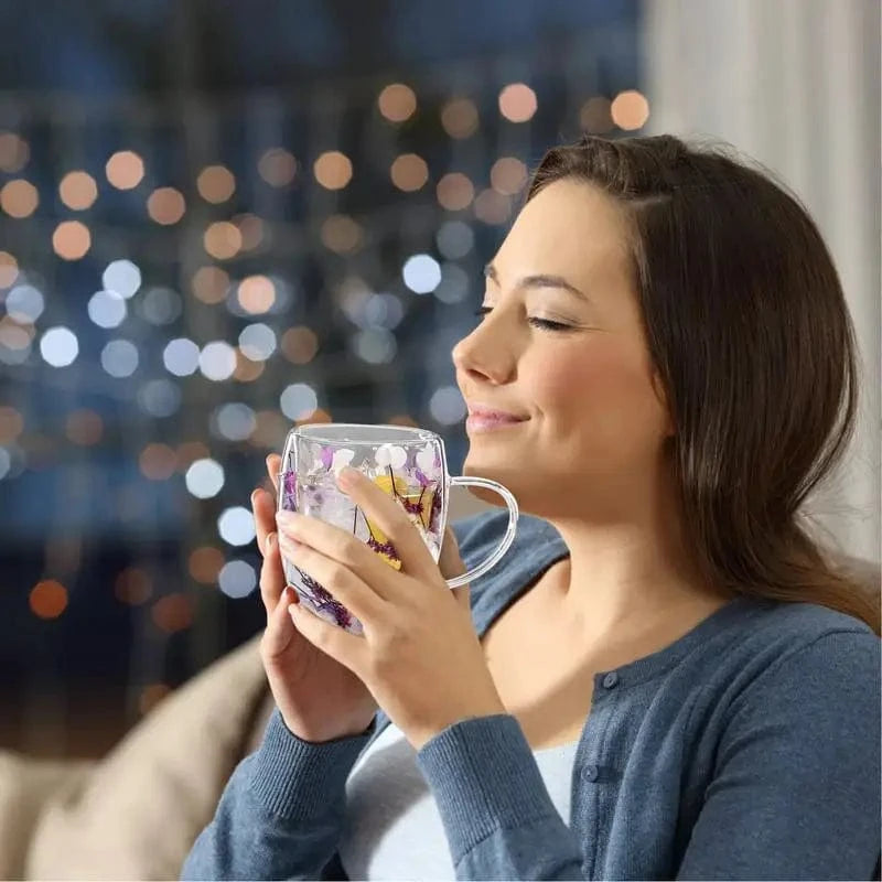 Tasse à thé double paroi en verre avec poignée & fleur séchée 350 ml