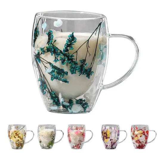 Tasse à thé double paroi en verre avec poignée & fleur séchée 350 ml