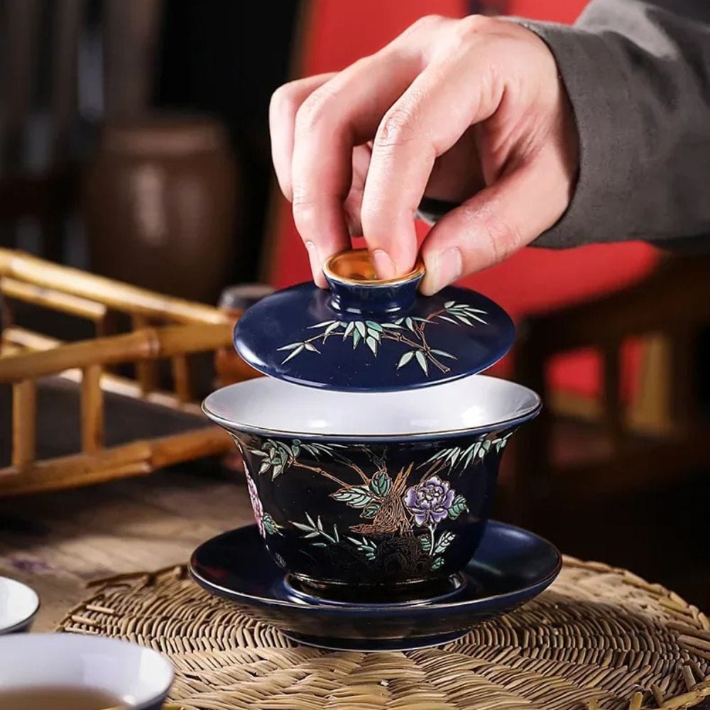 Tasse à thé en céramique dorée Gaiwan ou coffret 6 pièces
